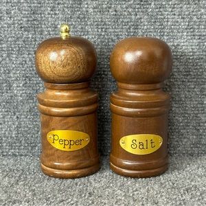 Vintage MCM wooden salt and pepper shakers Taiwan 5.5” boho brass plates